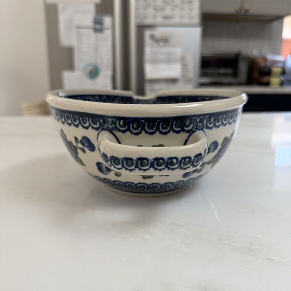 Unikat Polish Handmade Floral Handled Ceramic Mixing Bowl with Spout Blue White - Picture 7 of 11